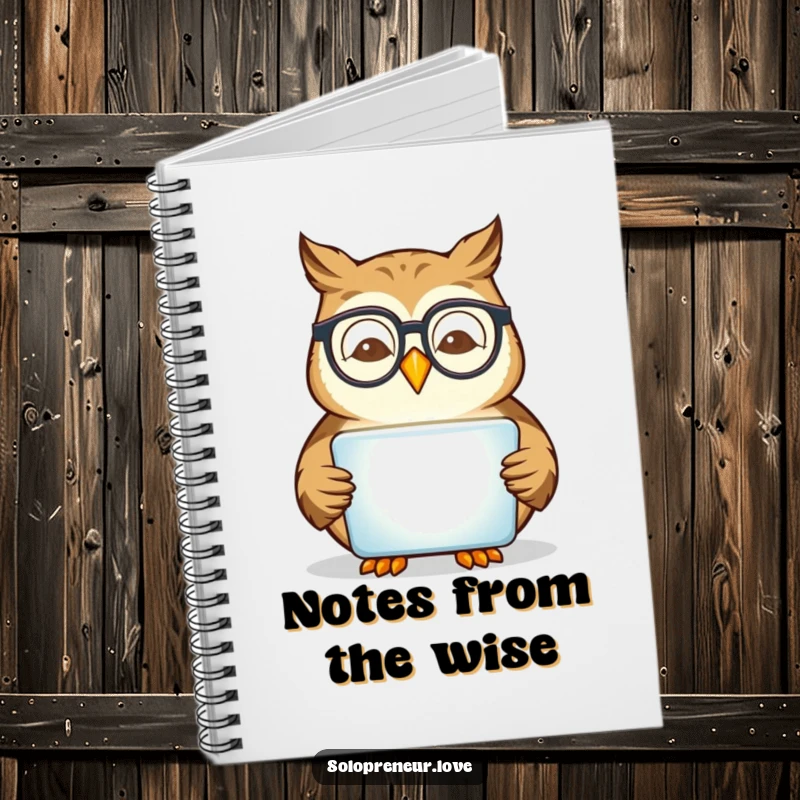 Funny owl character wearing glasses, intently reading a glowing tablet, ready to jot down notes in this humorous notebook.