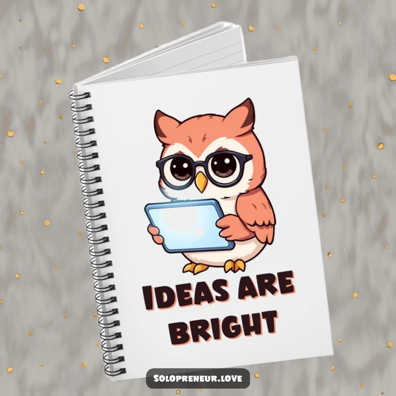 Funny owl wearing glasses intently reading a tablet, on a notebook cover, for capturing brilliant ideas.
