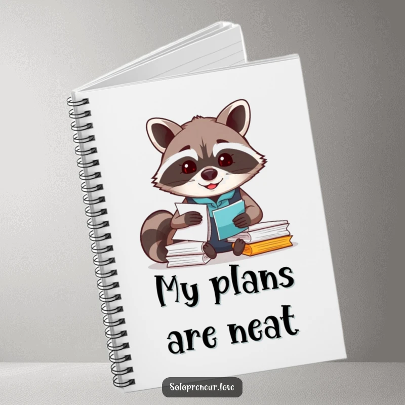 Funny Raccoon Organizer Notebook featuring a smiling raccoon character busy with paperwork, for note-taking.