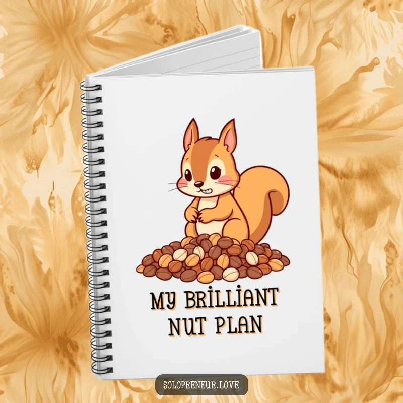 Funny notebook cover showing a determined squirrel character arranging nuts in neat piles, perfect for capturing organized thoughts and ideas.