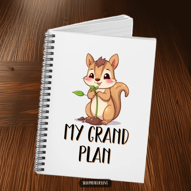 Funny squirrel planting notebook of a proud squirrel carefully planting a tiny sprout, symbolizing growth and new ideas.