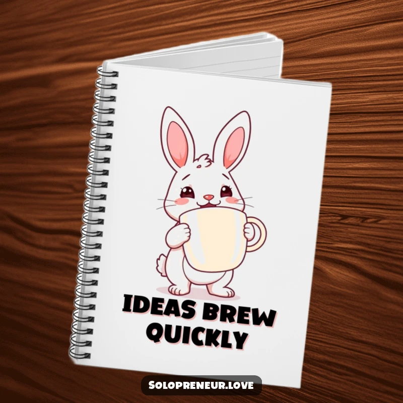 Funny rabbit coffee notebook featuring a determined rabbit cheerfully holding a large coffee cup, perfect for jotting down energetic ideas.
