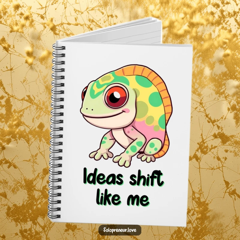 Funny chameleon notebook featuring a smiling character with rapid color changes, ideal for capturing notes with a humorous, vibrant touch.