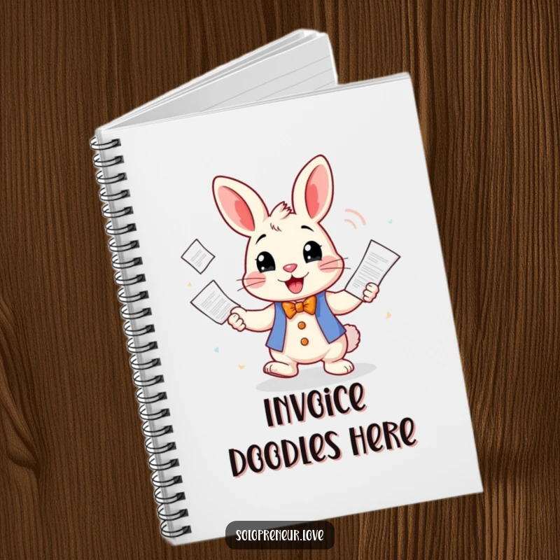 Funny Notebook designed with a cheerful rabbit character juggling business invoices, perfect for notes and planning with a humorous twist.