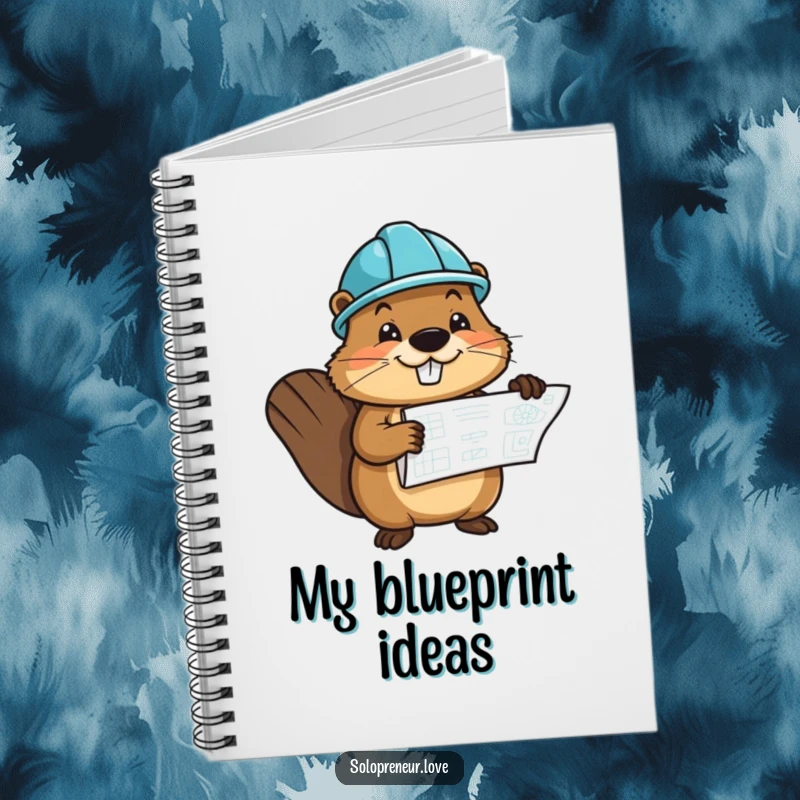 Funny notebook with a cheerful beaver character wearing a hard hat and holding a blueprint, ideal for project notes.