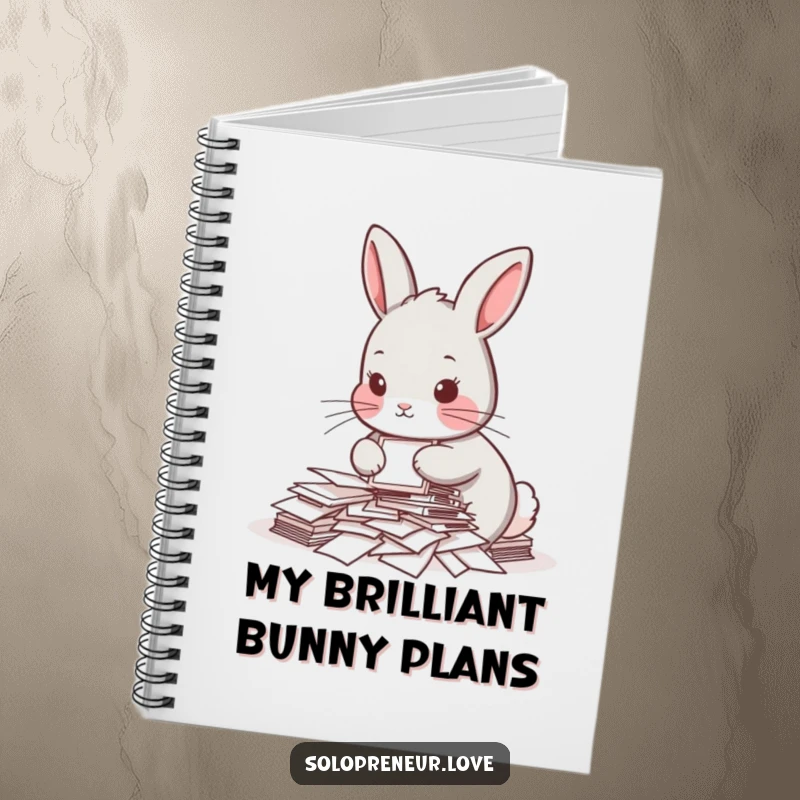 Funny notebook featuring a determined rabbit organizing papers, ideal for capturing notes, thoughts, and ideas with a humorous office theme.