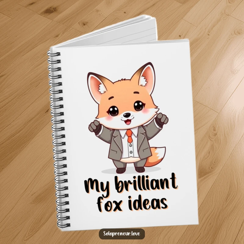 Funny Kawaii Fox in a business suit, holding a pen and notebook, symbolizing planning for success.