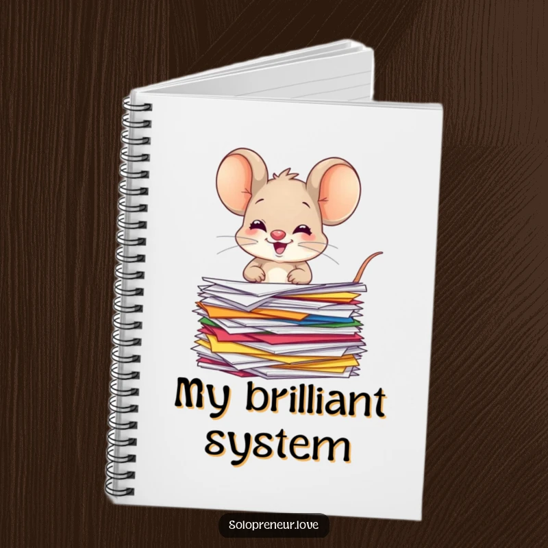 Funny giggling mouse notebook with a character organizing colorful papers, perfect for jotting down notes with cheerful efficiency.