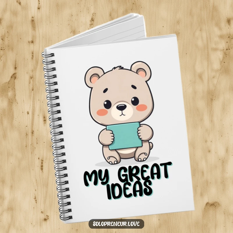 Funny notebook with a proud bear cub presenting a finished project, ideal for notes, plans, and celebrating achievements.