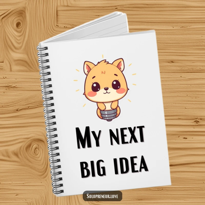 Funny notebook with a curious animal and a lightbulb, encouraging users to write down their creative thoughts and ideas.