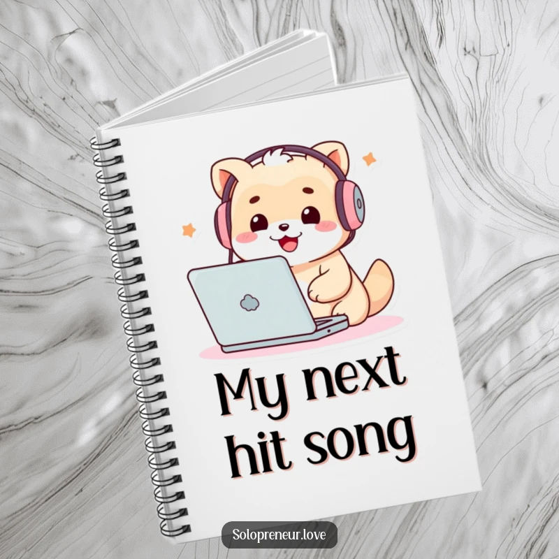 Funny Techie Creature Notebook: Cover art of a creature with headphones, excitedly typing on a laptop.