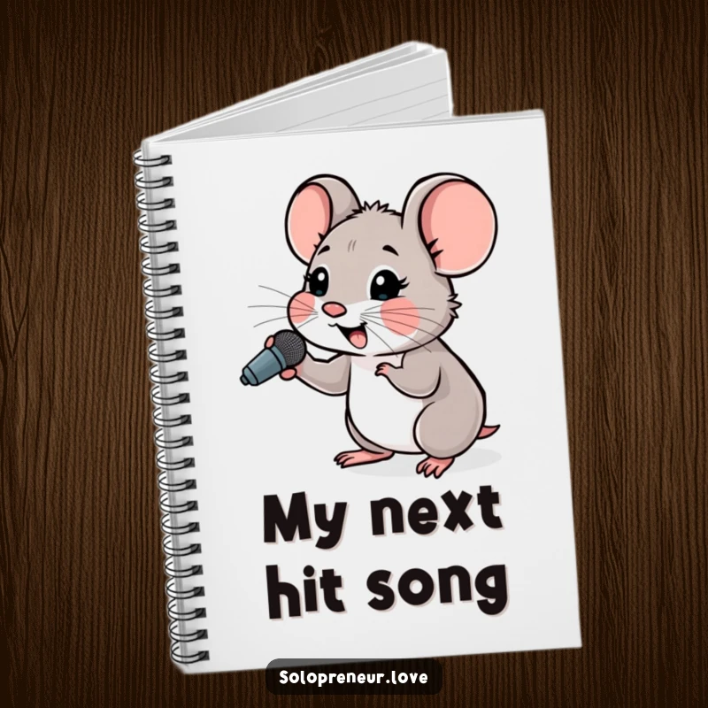 Funny Hopeful Mouse Microphone Notebook featuring a small mouse character cheering with a tiny microphone, for note-taking.