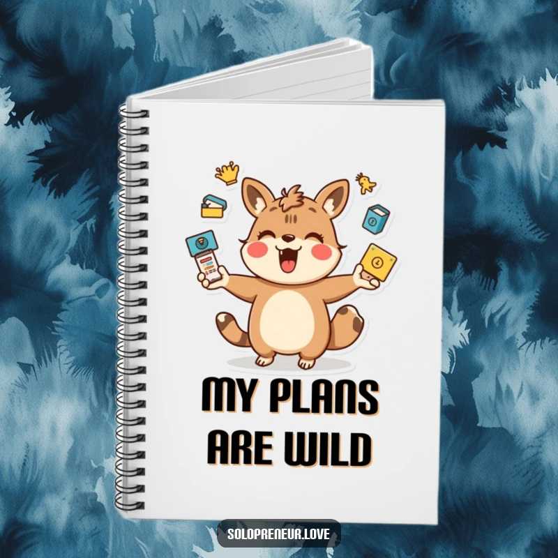 Funny juggling animal notebook cover with a playful character energetically juggling task icons, inspiring organized and humorous note-taking.