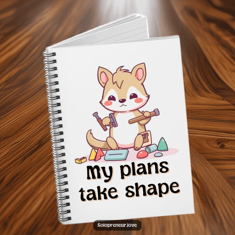 Funny builder animal notebook cover with a determined character using tools to build with abstract shapes, inspiring structured and humorous notes.