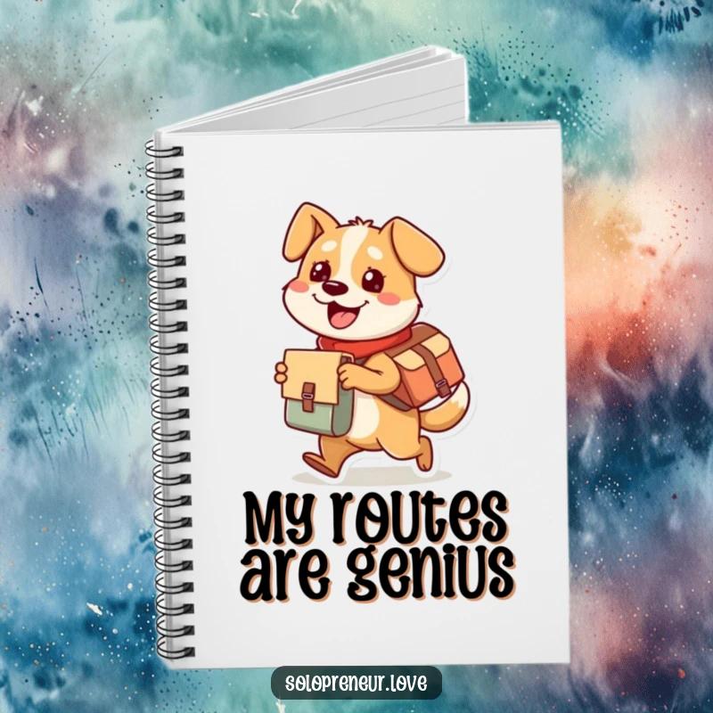 Funny dog notebook featuring a busy character with a messenger bag, happily delivering a package, ideal for jotting notes with humor.