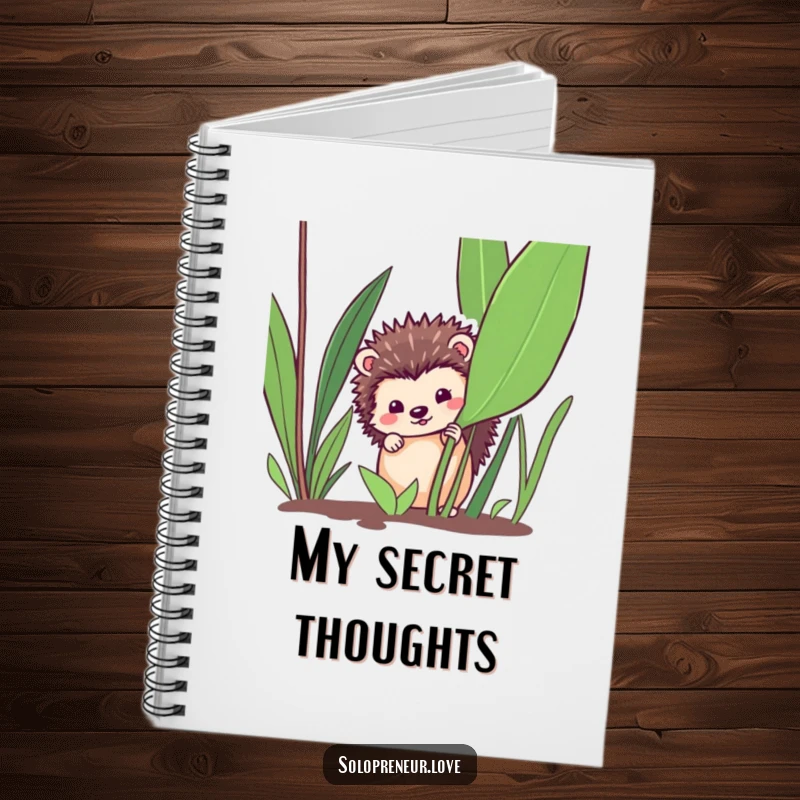 Funny hedgehog journal, featuring a curious hedgehog peeking from a plant, perfect for notes and a funny gift.