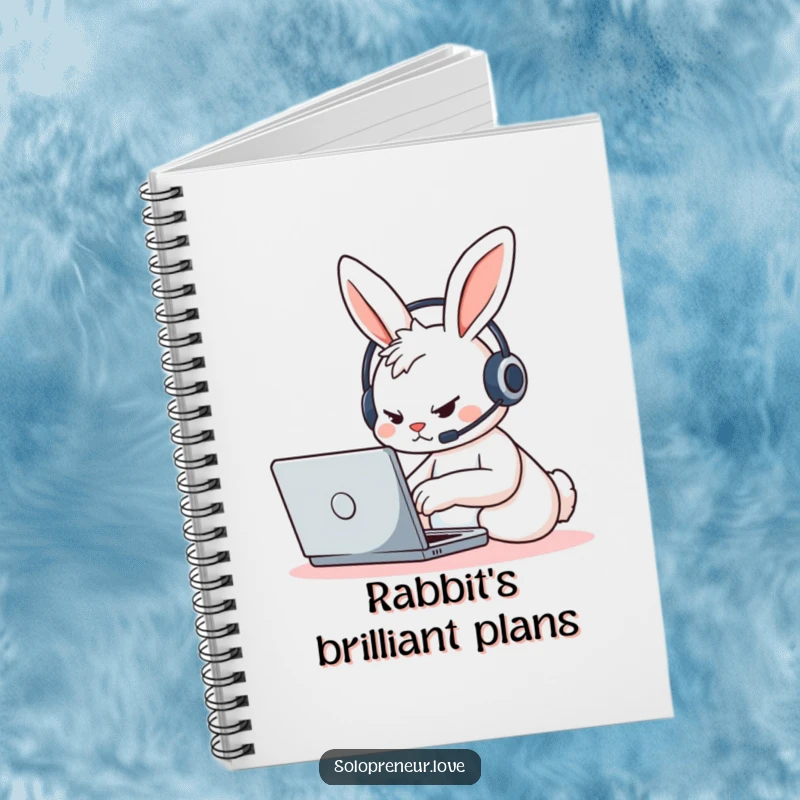 Funny determined rabbit character, wearing a headset, typing on a laptop, adorning the cover of a productive notebook.