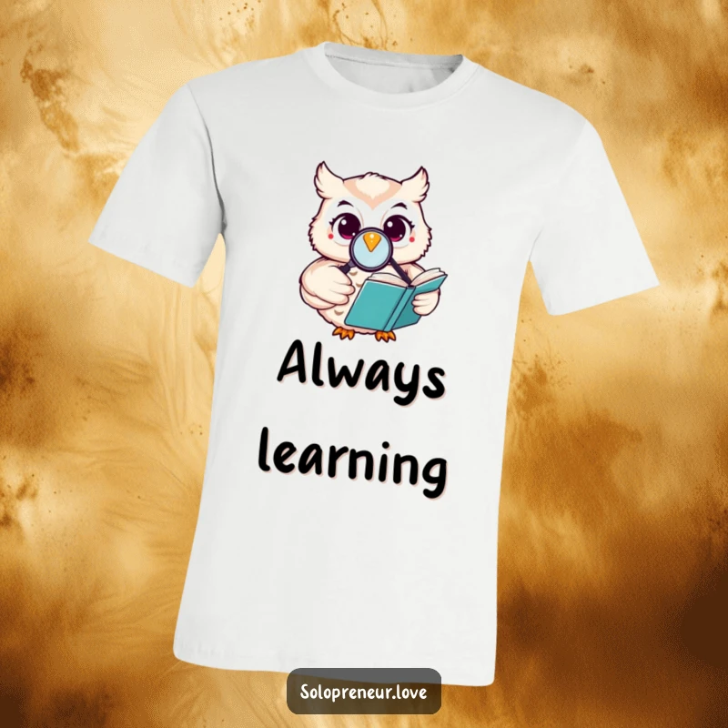 Funny happy owl t-shirt depicting a character reading a book with a magnifying glass, celebrating wisdom and wit.