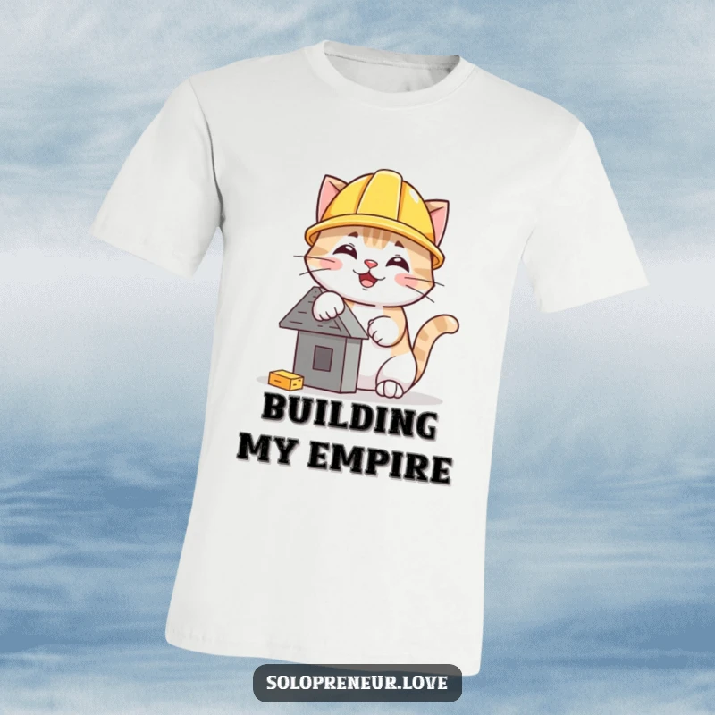 Funny cat hard hat t-shirt showcasing a cheerful kitty in protective gear, busy constructing a tiny, proud-looking edifice.