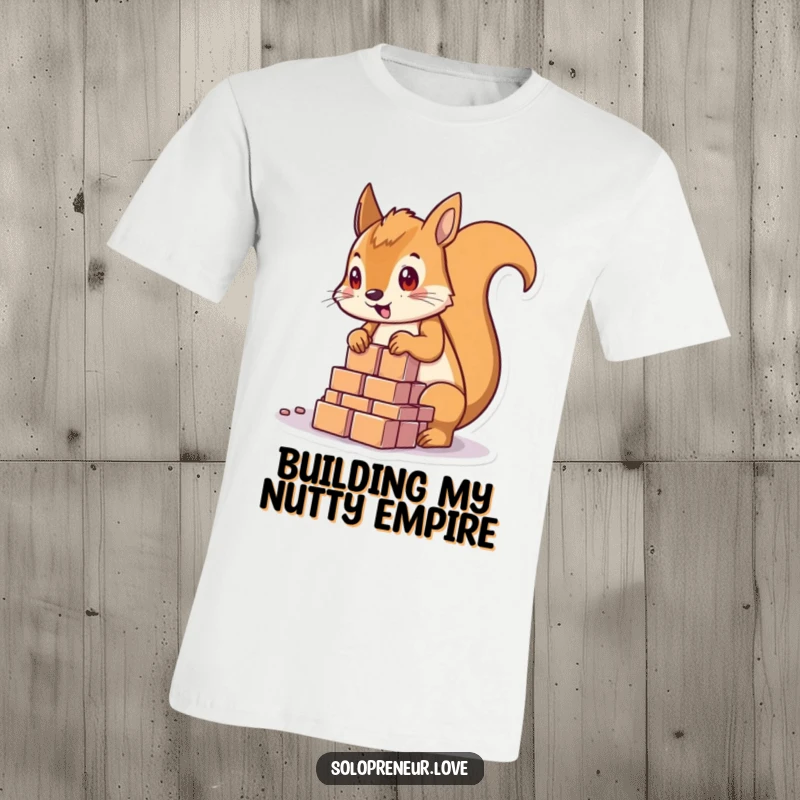 Funny determined squirrel character stacking blocks to build a small structure, wearing a hard hat, on a t-shirt.