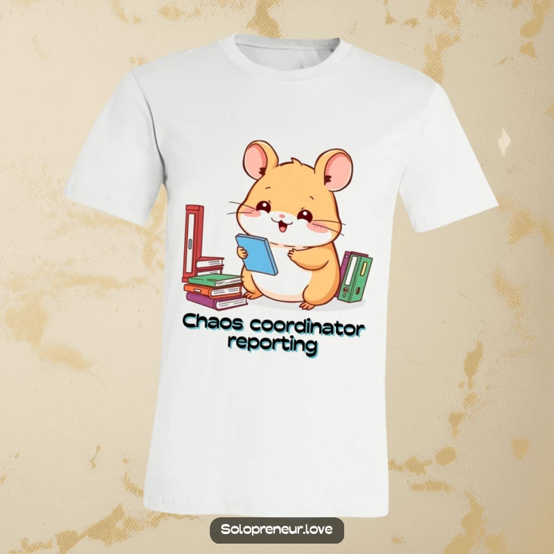 Funny t-shirt with a smiling hamster character busily organizing small files, ideal for office humor and pet lovers.