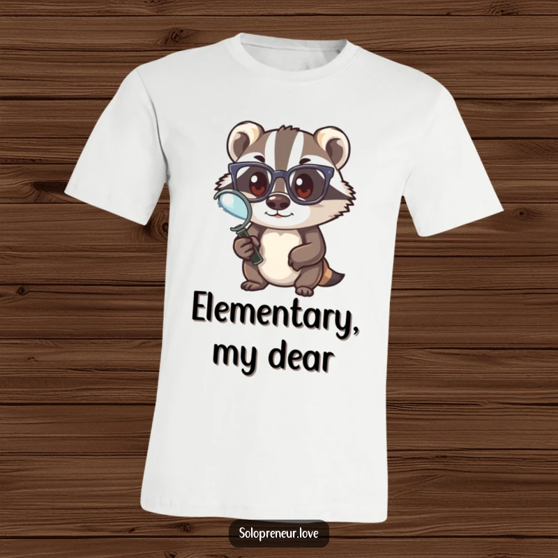 Funny badger investigator t-shirt, wearing glasses and holding a magnifying glass, looking sharp and determined, a perfect funny gift.