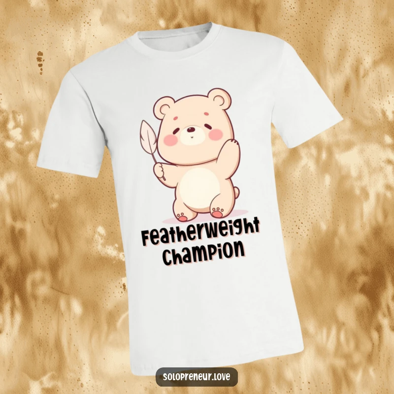 Funny bear straining to lift a feather on a t-shirt, embodying the humorous concept of immense effort for a tiny reward.