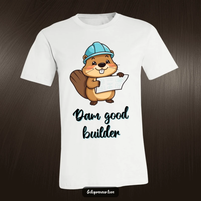 Funny t-shirt showcasing a cheerful beaver character wearing a hard hat and holding a blueprint, looking industrious.