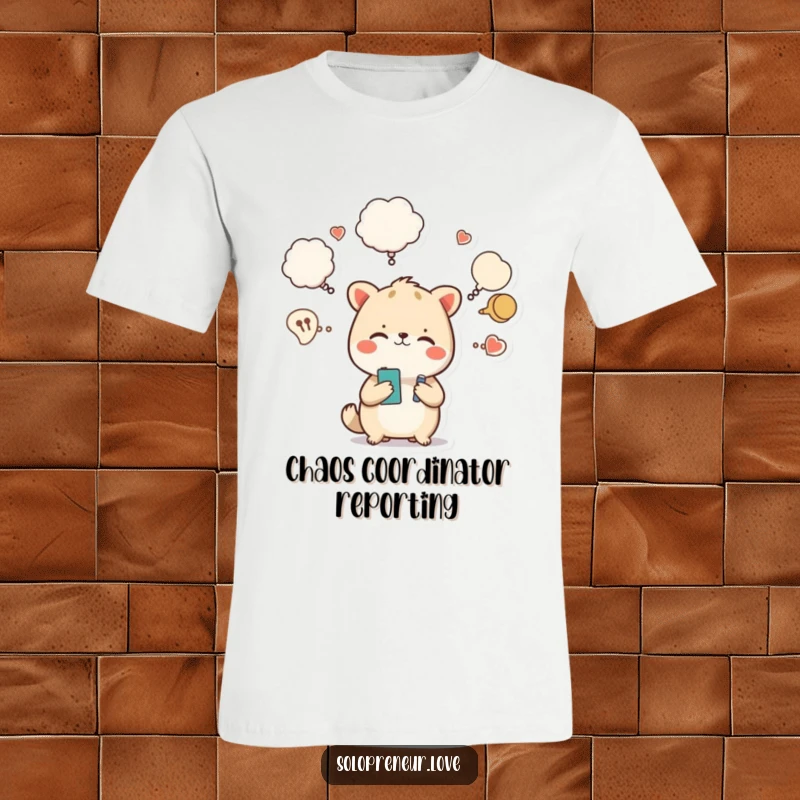 Funny t-shirt with a busy animal character surrounded by thought bubbles, showcasing its many tasks and thoughts humorously.