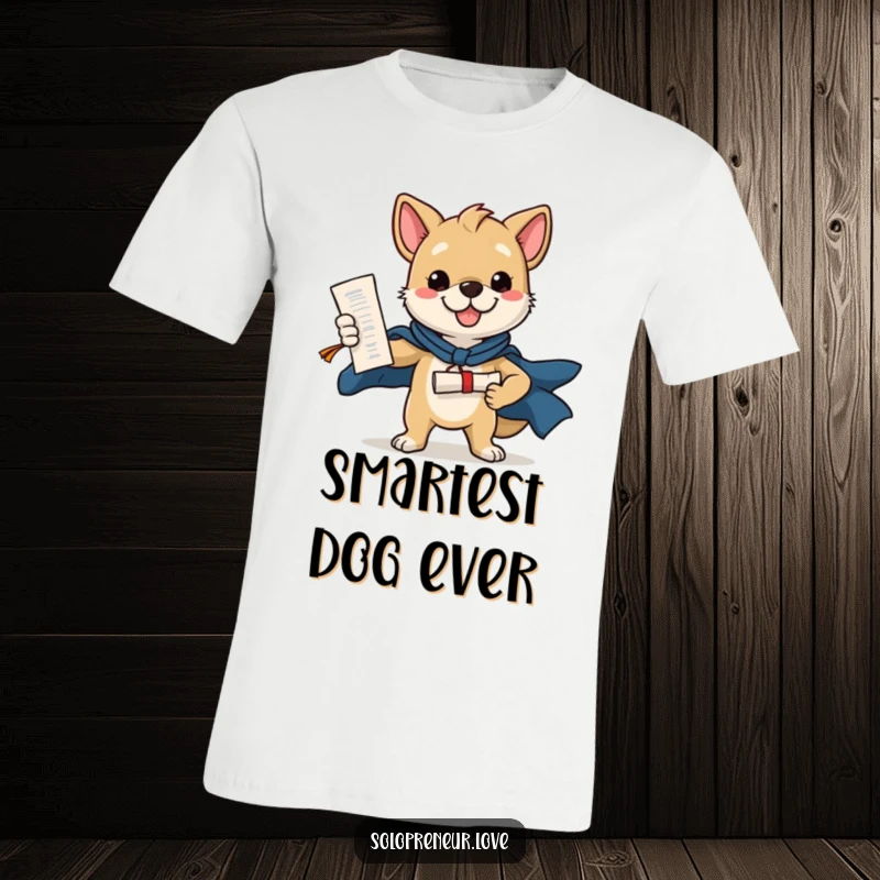 Funny t-shirt featuring a confident dog in a heroic pose, proudly displaying a diploma, symbolizing academic triumph humorously.