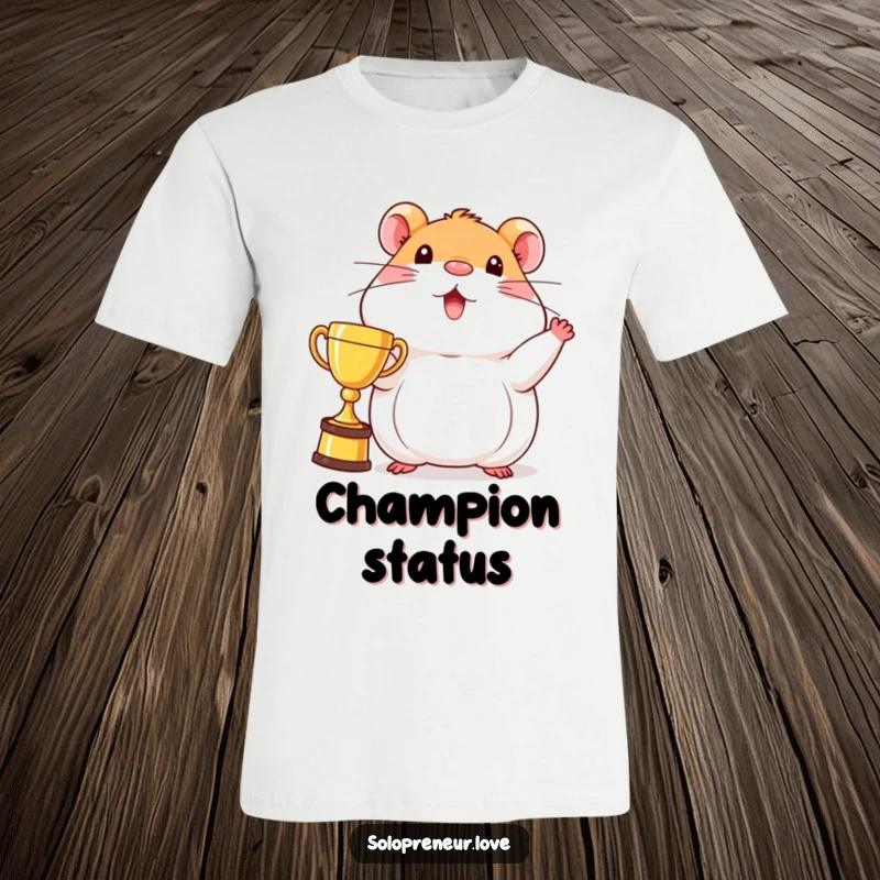 Funny beaming hamster t-shirt depicting a character proudly displaying a trophy, symbolizing achievement and championship.