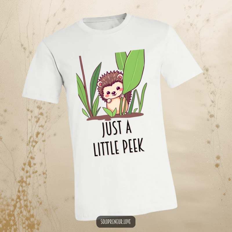 Funny hedgehog t-shirt, a hedgehog peeking out playfully from behind a vibrant plant, a cute and funny gift.