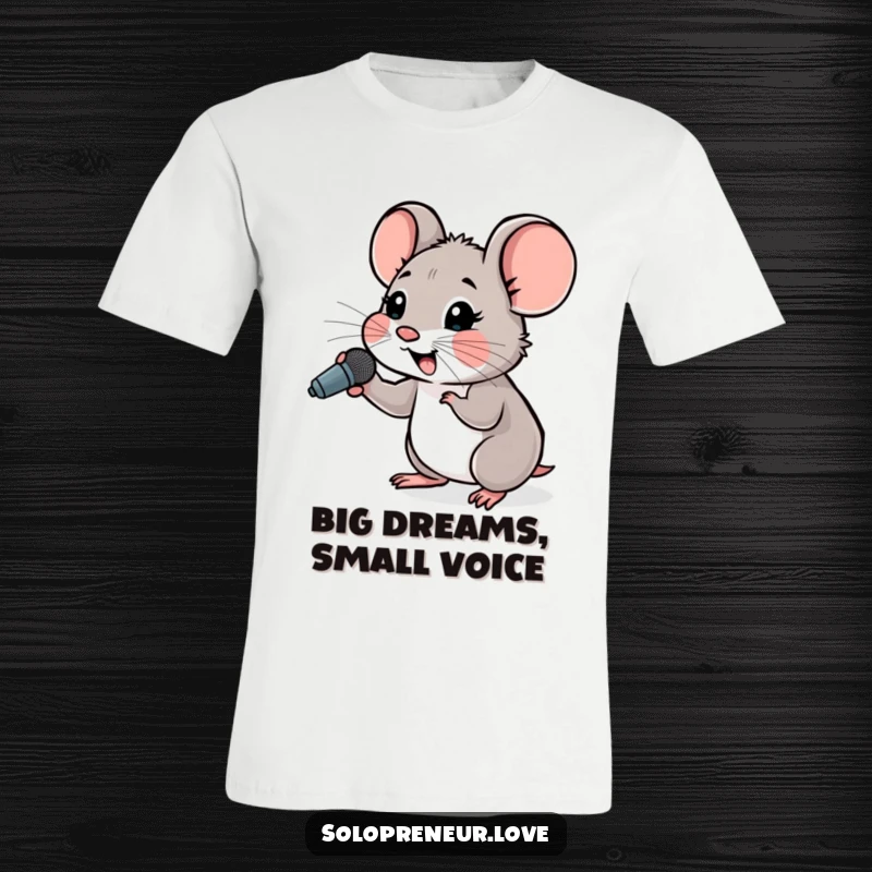 Funny Hopeful Mouse Microphone T-Shirt showing a small mouse joyfully cheering with a miniature microphone, expressing ambition.