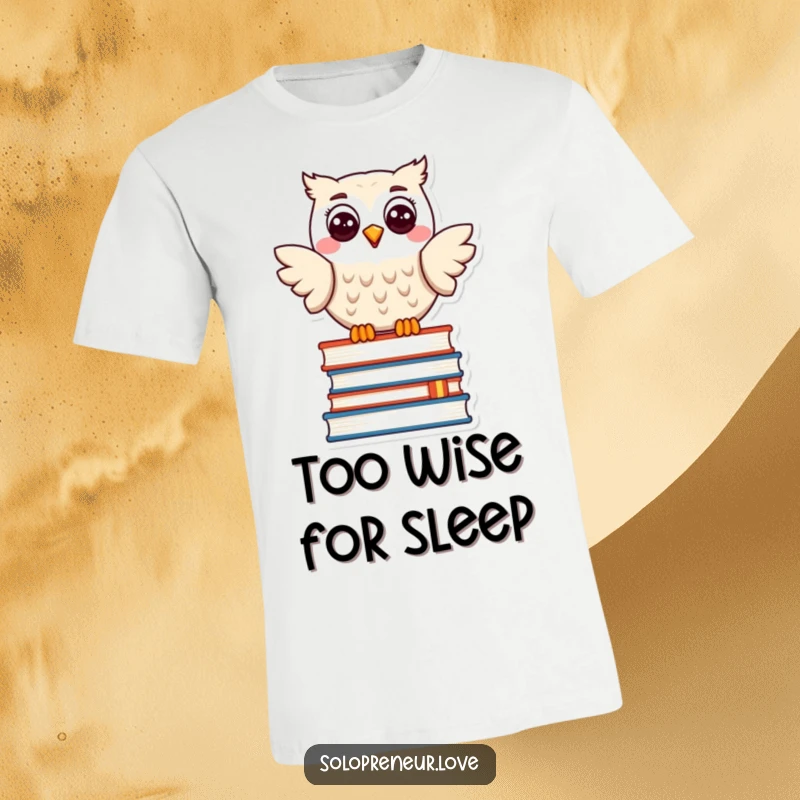 Funny T-shirt with a happy owl character sitting joyfully atop a pile of books, embodying wisdom and a love for reading.