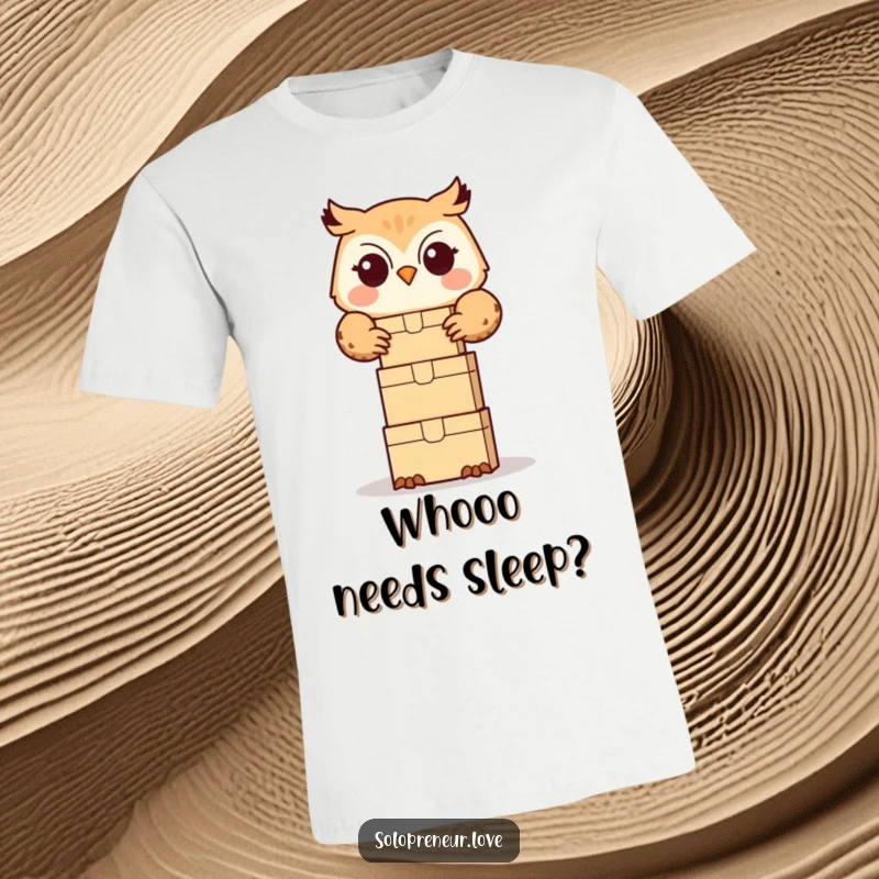Funny owl organizer t-shirt featuring a cute owl happily stacking small boxes, ideal for gifting to organized individuals.