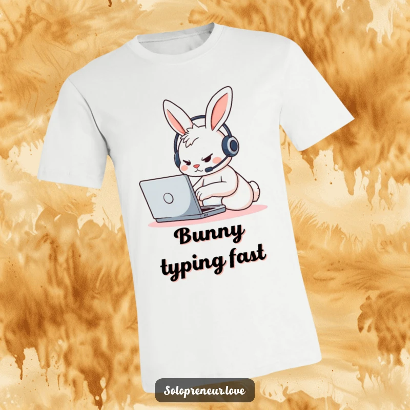 Funny determined rabbit wearing a headset, typing furiously on a laptop, printed on a fun and comfortable t-shirt.