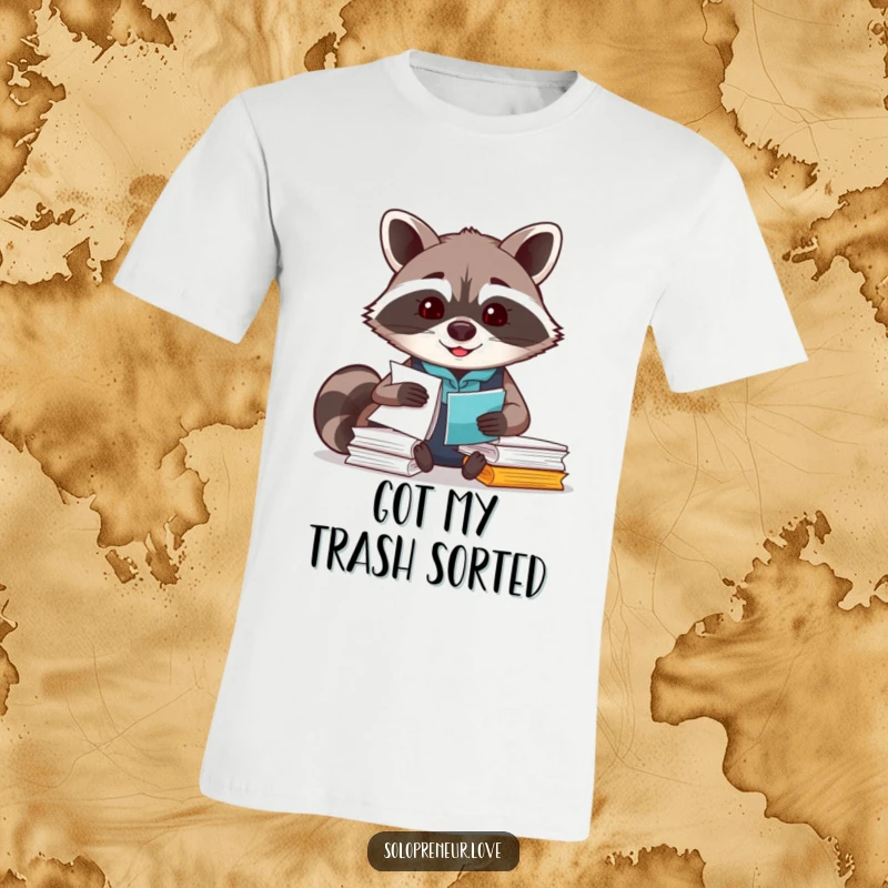 Funny Raccoon Organizer T-Shirt depicting a smiling raccoon meticulously arranging paperwork, highlighting efficiency.