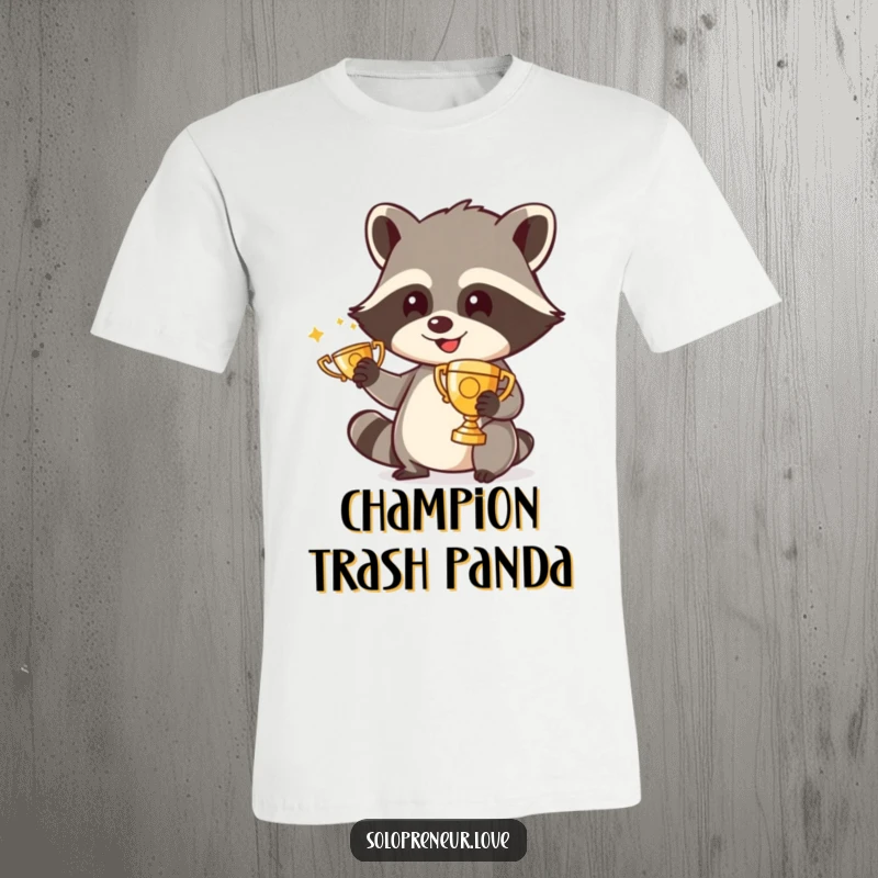 Funny t-shirt with a cheerful raccoon gleefully polishing a miniature trophy, a symbol of success and humorous pride.