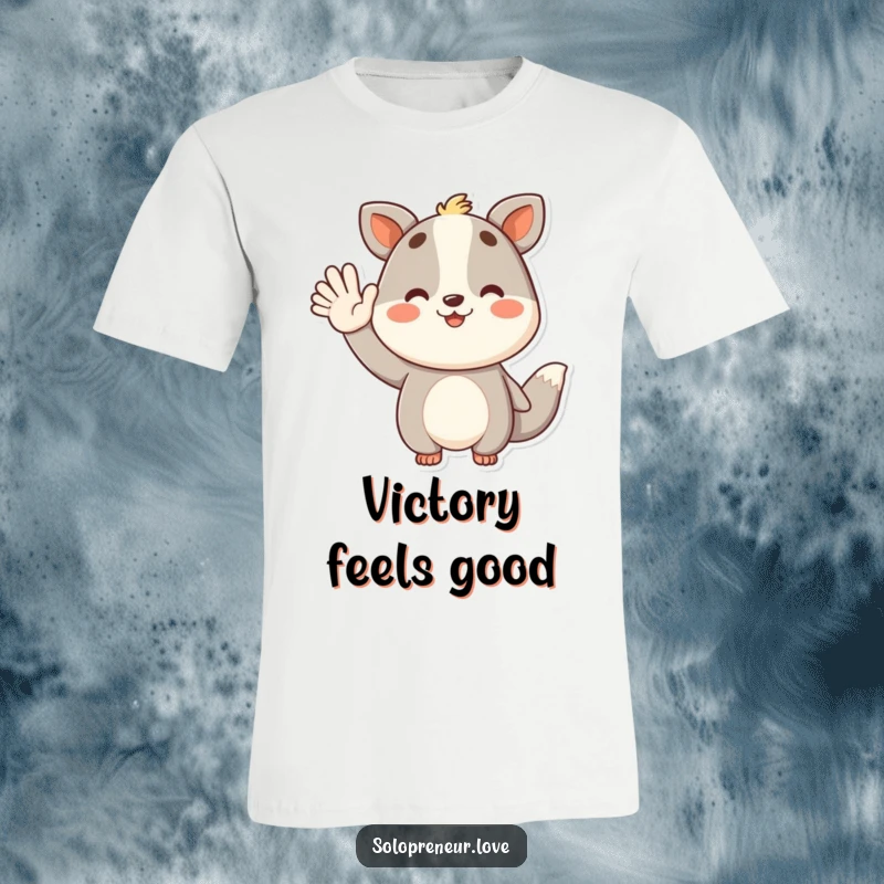 Funny t-shirt with a joyful animal character waving hello after achieving success, embodying pride and happiness.