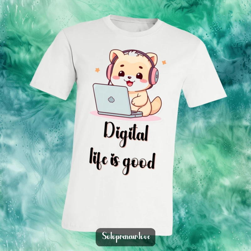 Funny Techie Creature T-Shirt: Adorable character with headphones, intensely focused on typing on a laptop.