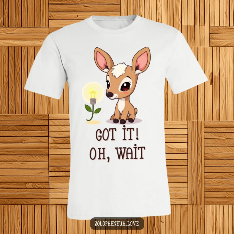 Funny deer character examining a glowing lightbulb icon on a t-shirt, representing curiosity and the joy of discovery.