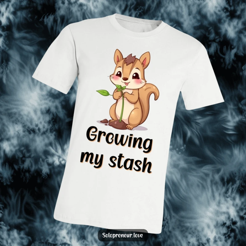 Funny squirrel planting t-shirt featuring a proud squirrel with a sprout, symbolizing new beginnings and nature's beauty.
