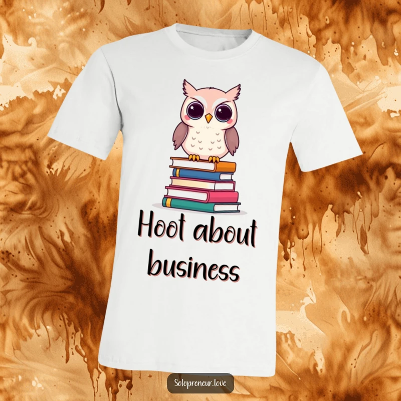 Funny Owl Business Books T-Shirt depicting a clever owl perched on a stack of business books, representing intellect.