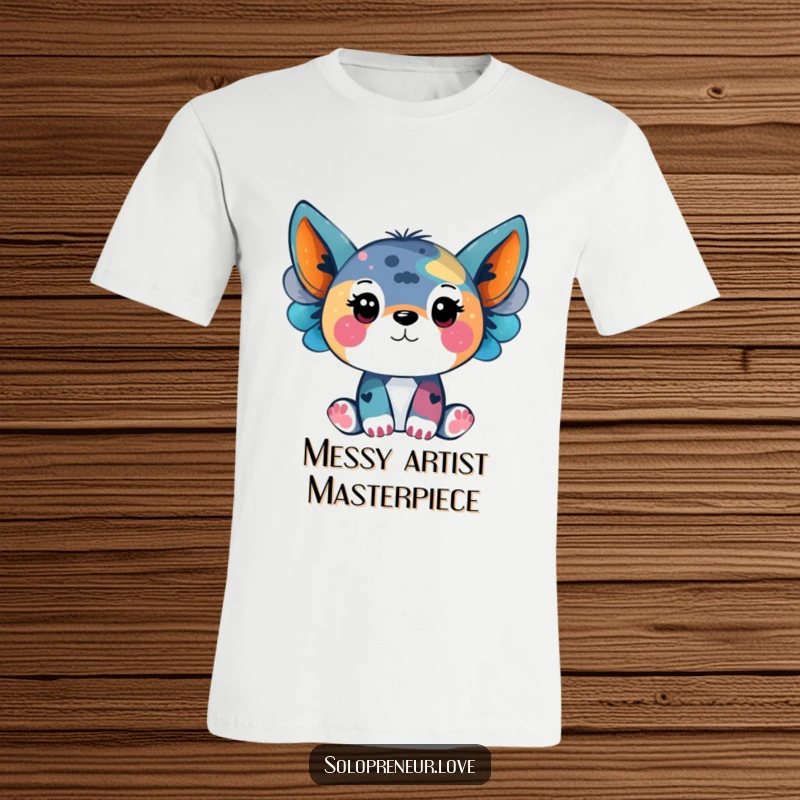 Funny t-shirt featuring an animal character joyfully painting a vibrant abstract artwork, symbolizing artistic expression.