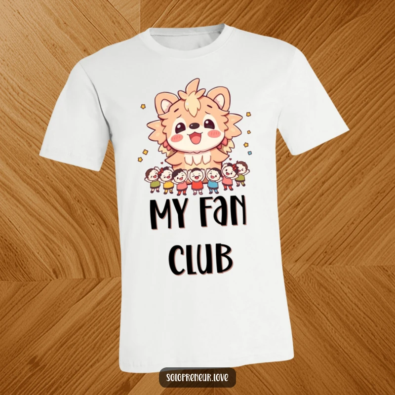 Funny t-shirt featuring a happy creature basking in the adoration of numerous small, cheering supportive figures, radiating pure joy.