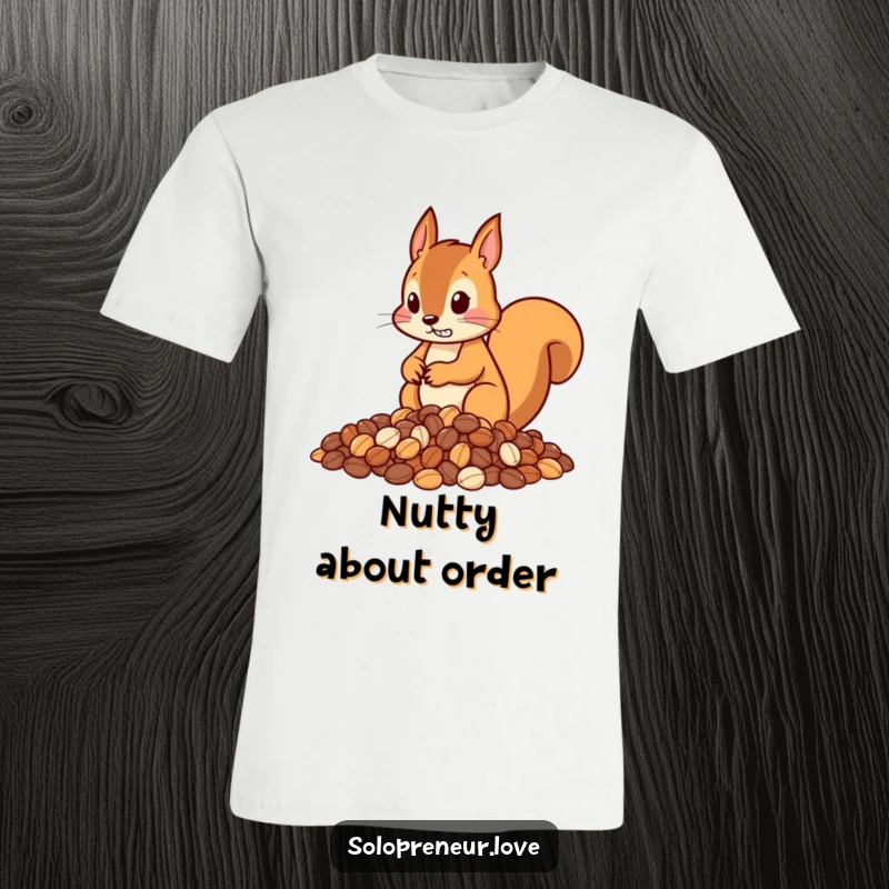 Funny T-shirt with a determined squirrel character creating neat piles of nuts, highlighting its organized and focused personality.
