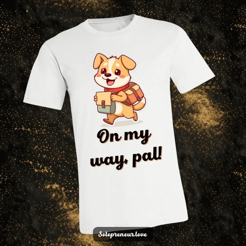 Funny dog t-shirt featuring a busy character with a messenger bag, gleefully delivering a package with a happy, energetic expression.