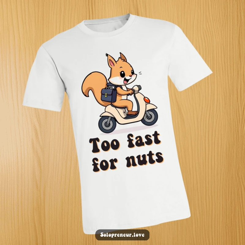 Funny, cheerful squirrel wearing a suit and tie, riding a scooter with a briefcase, depicted on a hilarious t-shirt.
