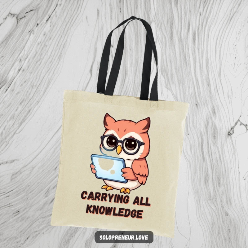 Funny owl with glasses reading a tablet, depicted on a durable tote bag, great for book lovers.