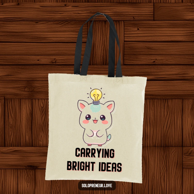 Funny tote bag featuring a playful creature with a glowing lightbulb above its head, representing innovation and bright ideas, great for everyday use.